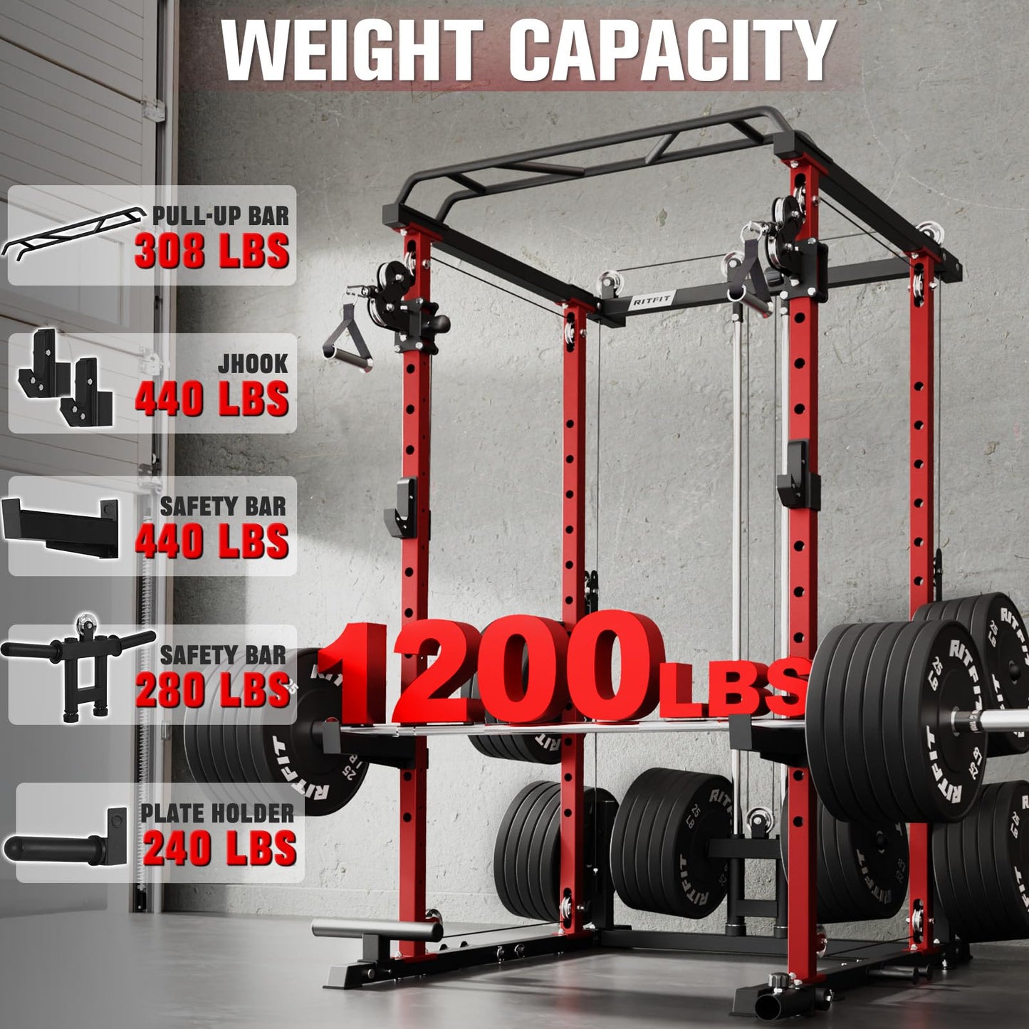 RitFit Multi-Function Garage & Home Gym Package Includes 1000LBS Power Cage PPC03 with Cable Crossover System, Weight Bench, Olympic Barbell Weight Set, Full Body Workout -OR,Bumper Plate 230lbs