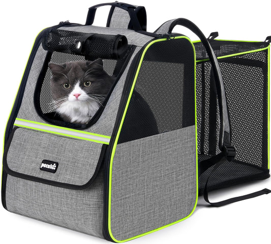 Pecute Cat Backpack Carrier, Expandable Cat Backpack for Cats Dogs up to 11 lbs, Pet Travel Backpack for Small Dogs Medium Cats, Cat Carrier with Ventilated Mesh, Safety Leash, Hiking Outdoor, Grey