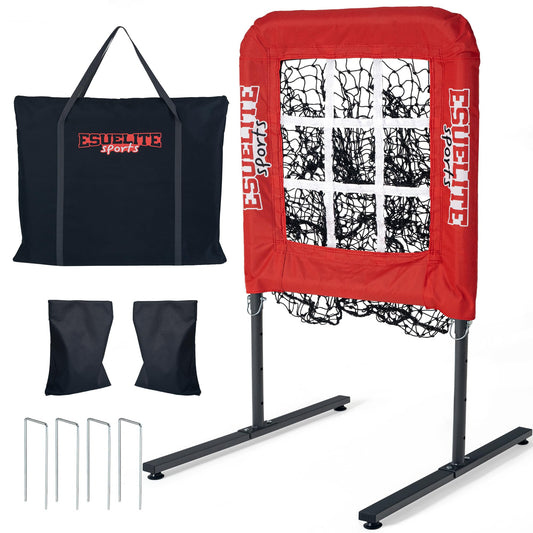 9 Hole Pitching Net with Strike Zone, Baseball Pitching Target, Softball Pitching Net, Portable Pitcher Training Equipment Height Adjustable（Red）