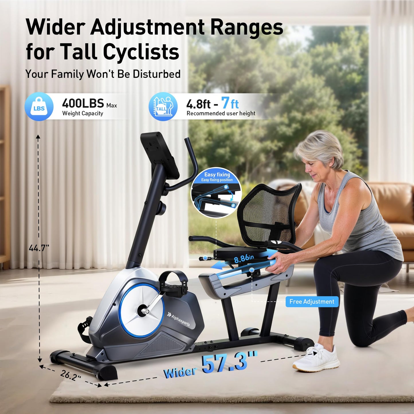 Alphaappliance Recumbent Exercise Bike for Home, Stationary Bikes with APP Compatible & 16-Level Resistance, Quiet Magnetic Indoor Bicycle for Seniors with 400LBS Weight Capacity & Adjustable Seat