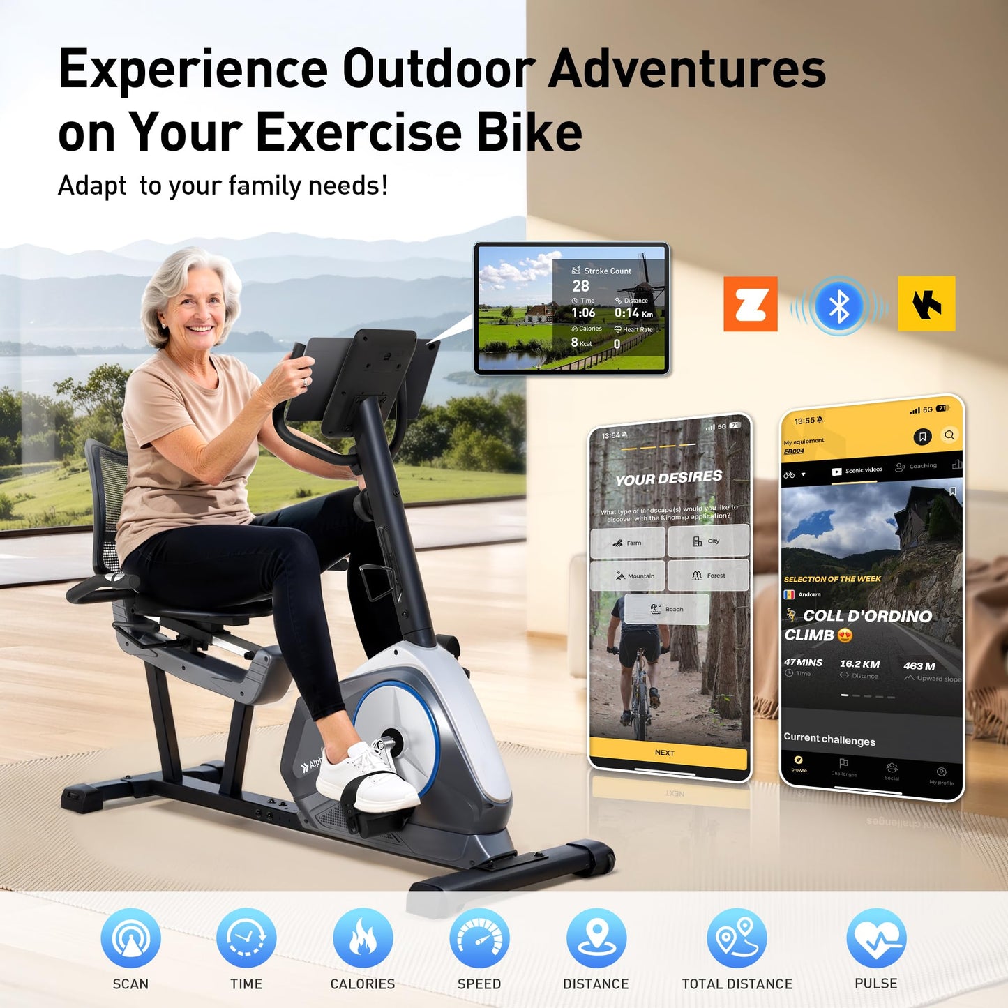 Alphaappliance Recumbent Exercise Bike for Home, Stationary Bikes with APP Compatible & 16-Level Resistance, Quiet Magnetic Indoor Bicycle for Seniors with 400LBS Weight Capacity & Adjustable Seat