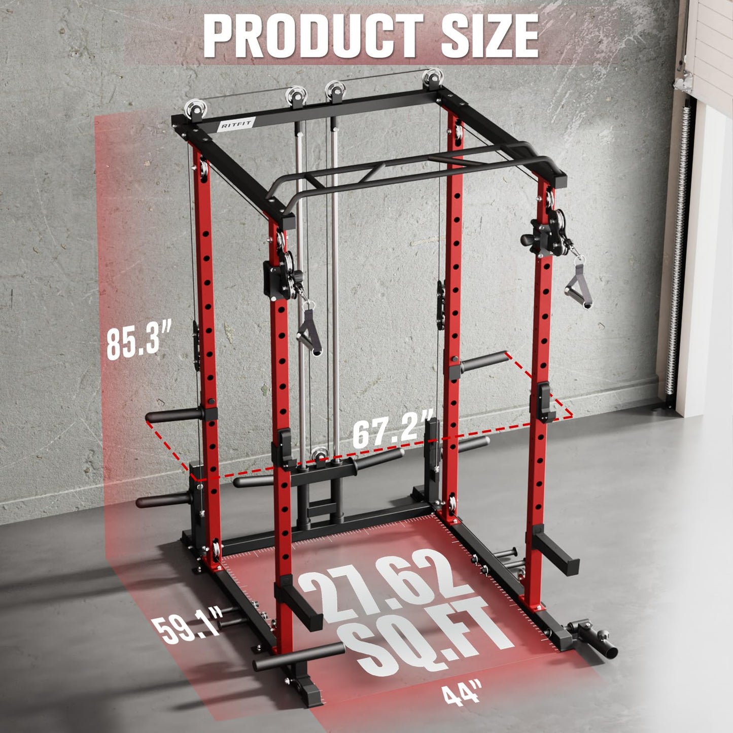 RitFit Multi-Function Garage & Home Gym Package Includes 1000LBS Power Cage PPC03 with Cable Crossover System, Weight Bench, Olympic Barbell Weight Set, Full Body Workout -OR,Bumper Plate 230lbs