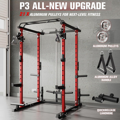 RitFit Multi-Function Garage & Home Gym Package Includes 1000LBS Power Cage PPC03 with Cable Crossover System, Weight Bench, Olympic Barbell Weight Set, Full Body Workout -OR,Bumper Plate 230lbs
