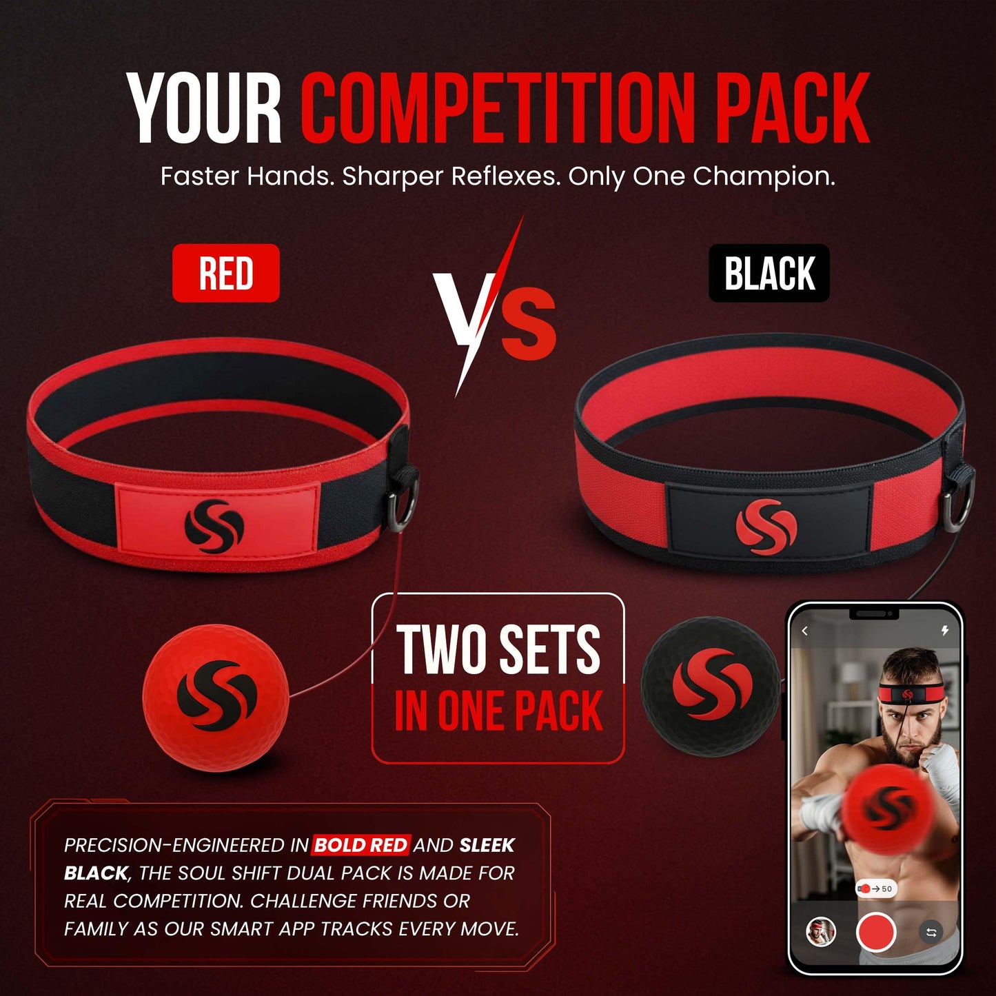 Soul Shift - Boxing Reflex Ball – Dual Competition Set | 2 Adjustable Headbands + 2 Training Balls + App Included | Speed, Agility & Hand-Eye Coordination for Adults & Kids | MMA Training Equipment