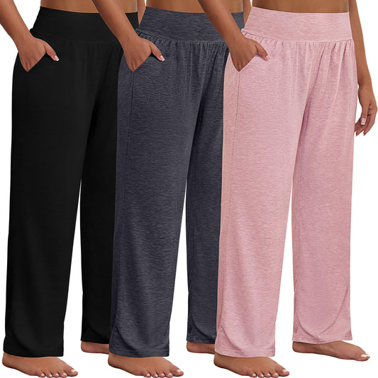 Neer 3 Pack Women Plus Size Wide Leg Yoga Pants High Waist Sweatpants Plus Size Palazzo Pants Lounge with Pockets(Black,Dark Grey,Pink,2X-Large)