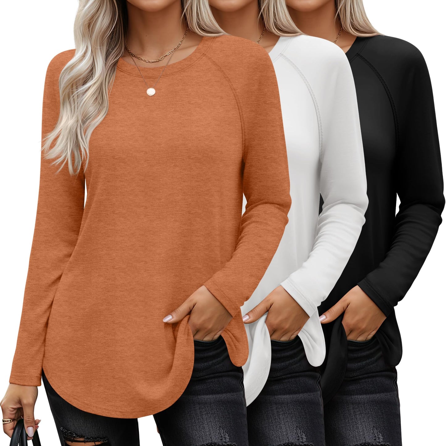 Ficerd 3 Pack Women's Long Sleeve T-Shirts Crew Neck Raglan Sleeve Casual Loose Fit Shirts Side Split Curved Hem Tunic Tops(Black, Pumpkin, White,XXL)