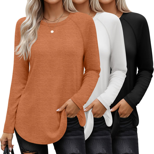 Ficerd 3 Pack Women's Long Sleeve T-Shirts Crew Neck Raglan Sleeve Casual Loose Fit Shirts Side Split Curved Hem Tunic Tops(Black, Pumpkin, White,XXL)
