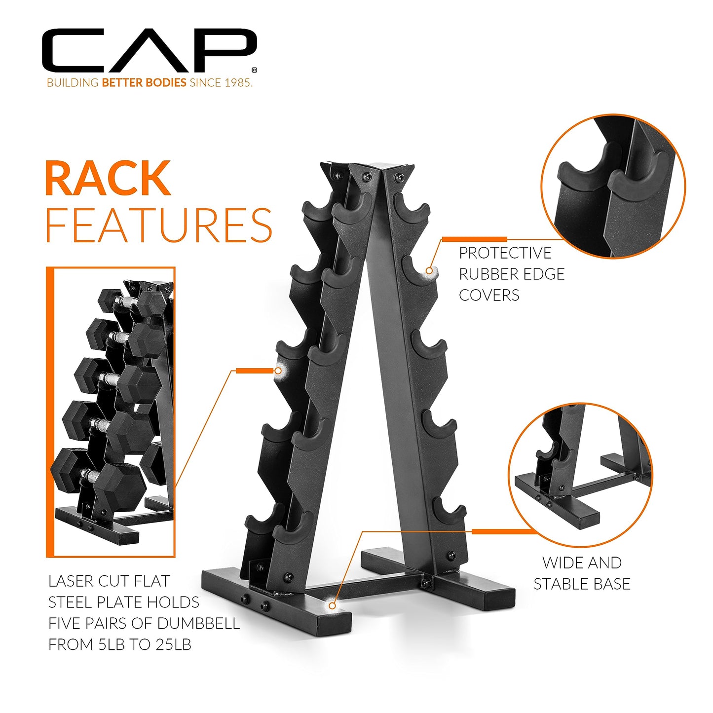CAP Barbell 150 LB Rubber Coated Hex Dumbbell Hand Weight Set with Vertical Storage Rack - Chrome Handle | Black Rack