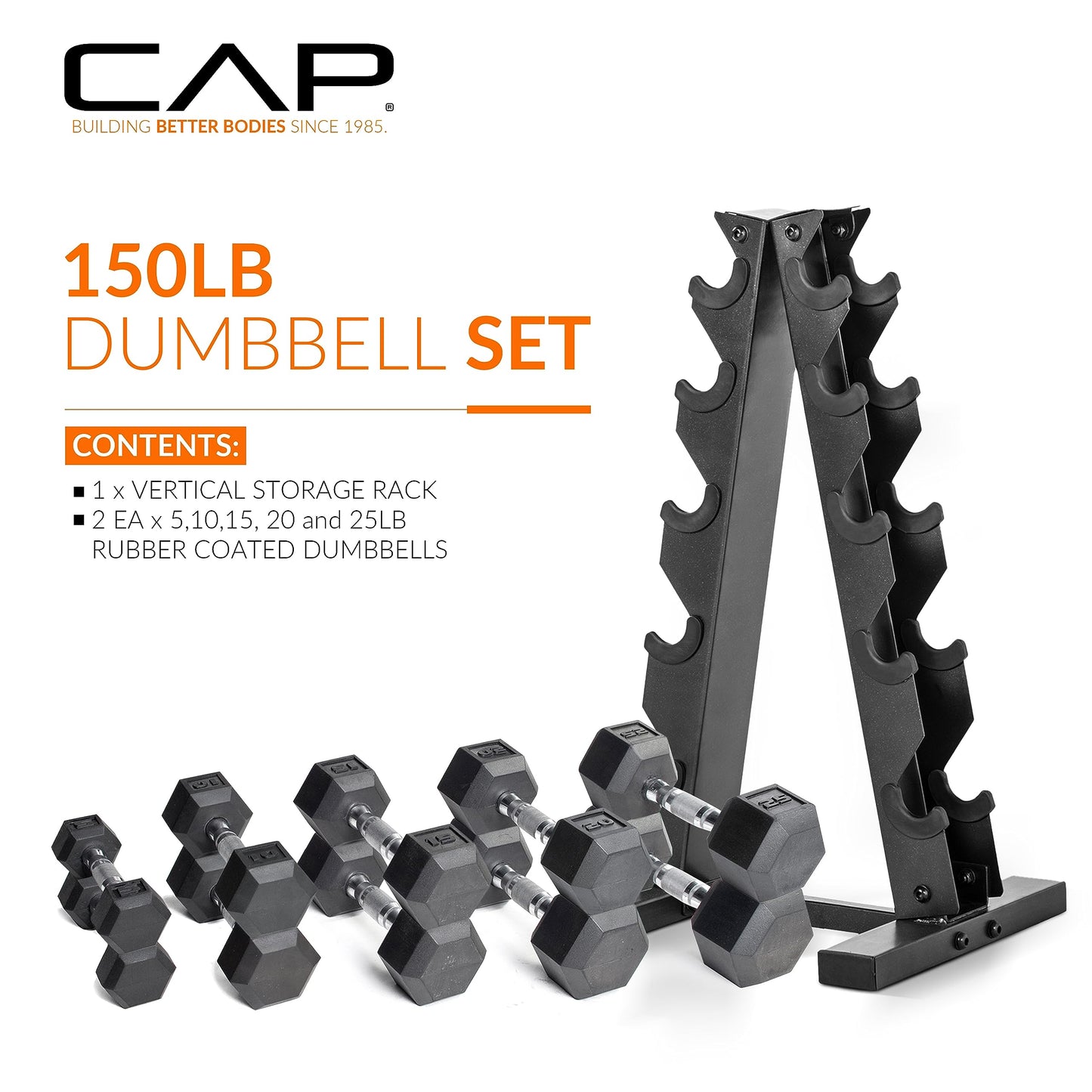 CAP Barbell 150 LB Rubber Coated Hex Dumbbell Hand Weight Set with Vertical Storage Rack - Chrome Handle | Black Rack
