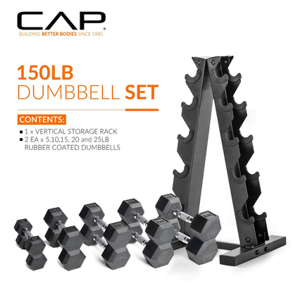 CAP Barbell 150 LB Rubber Coated Hex Dumbbell Hand Weight Set with Vertical Storage Rack - Chrome Handle | Black Rack