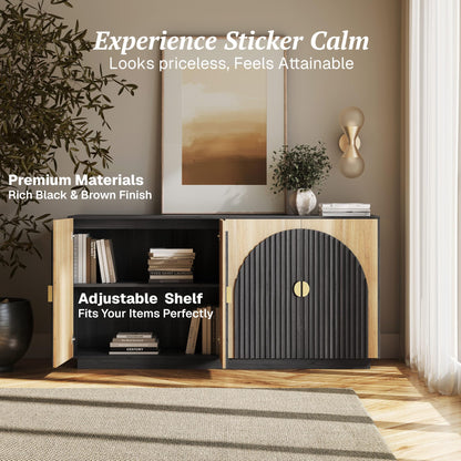 BELLEZE 65 Inch Fluted Buffet Cabinet with Storage, Symmetrical Arc Accent Sideboard Large Console Table for Dining Room, Kitchen, and Living Room (Camel)