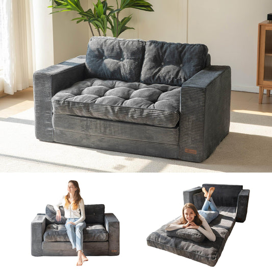 MAXYOYO Convertible Sofa Bed, Pull Out Loveseat Sleeper Sofa, 2 in 1 Folding Couch Bed, Fold Out Floor Couch with Pillows for Living Room Bedroom Lounge, Dark Grey