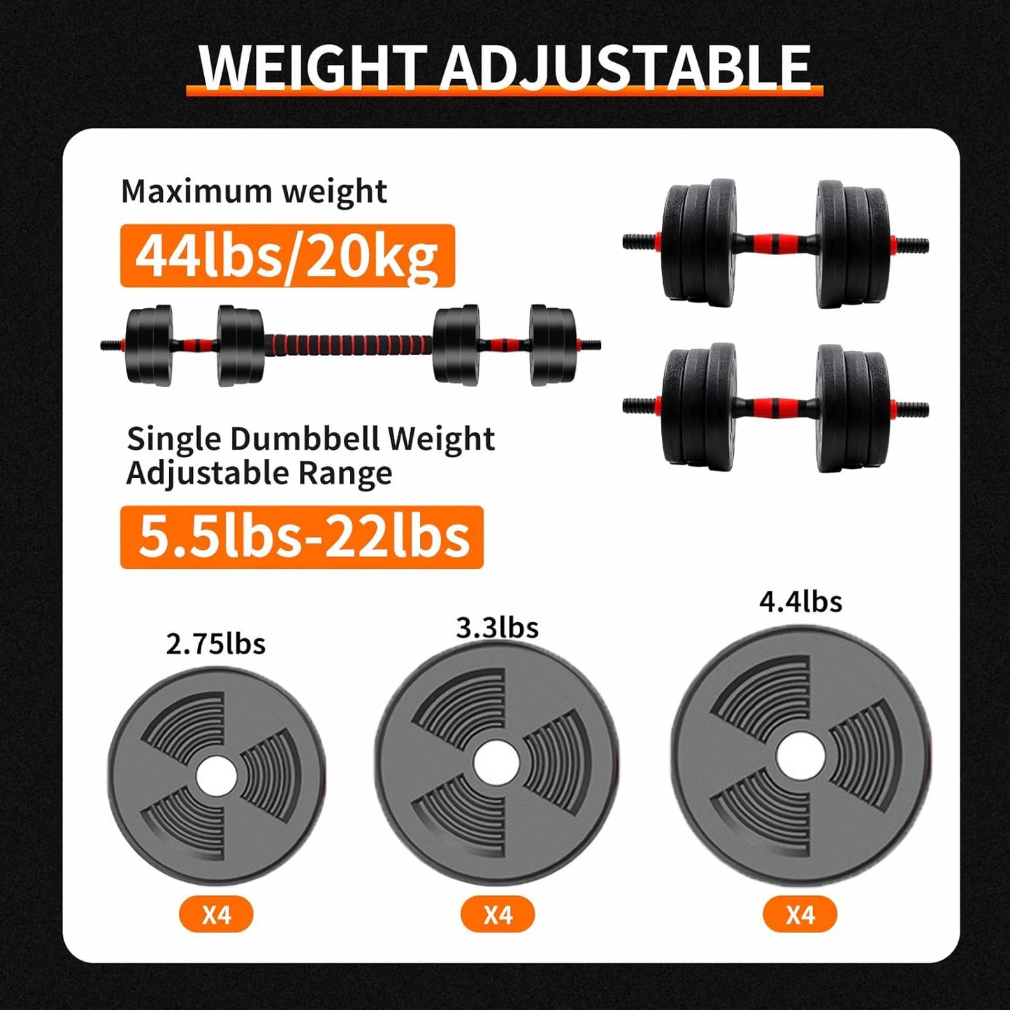 5-44 lbs, Adjustable Dumbbell to Barbell Set, Anti-Slip Grip, Versatile Home Gym Fitness Weight Plates