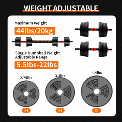 5-44 lbs, Adjustable Dumbbell to Barbell Set, Anti-Slip Grip, Versatile Home Gym Fitness Weight Plates