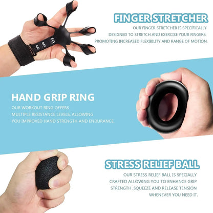 Grip Trainer Kit: Adjustable Hand Gripper, Finger/Hand Exercisers, Stress Ball, Forearm Ring, Muscle Build/Injury Recovery