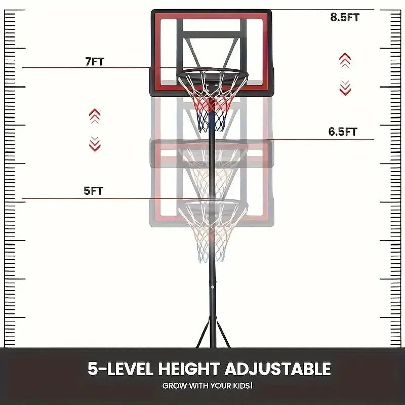 Adjustable Height 5.5-7" Basketball Stand, 44" Shatterproof Backboard - Portable, Wheeled Base
