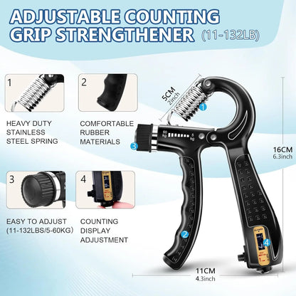 Grip Trainer Kit: Adjustable Hand Gripper, Finger/Hand Exercisers, Stress Ball, Forearm Ring, Muscle Build/Injury Recovery