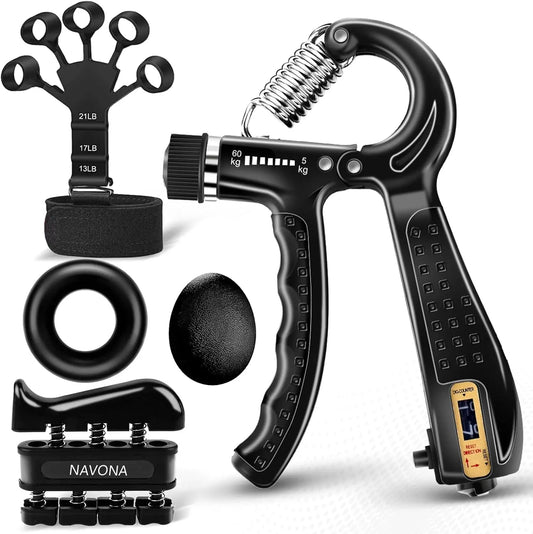 Grip Trainer Kit: Adjustable Hand Gripper, Finger/Hand Exercisers, Stress Ball, Forearm Ring, Muscle Build/Injury Recovery