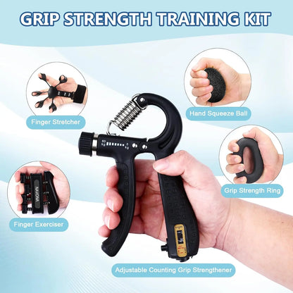Grip Trainer Kit: Adjustable Hand Gripper, Finger/Hand Exercisers, Stress Ball, Forearm Ring, Muscle Build/Injury Recovery