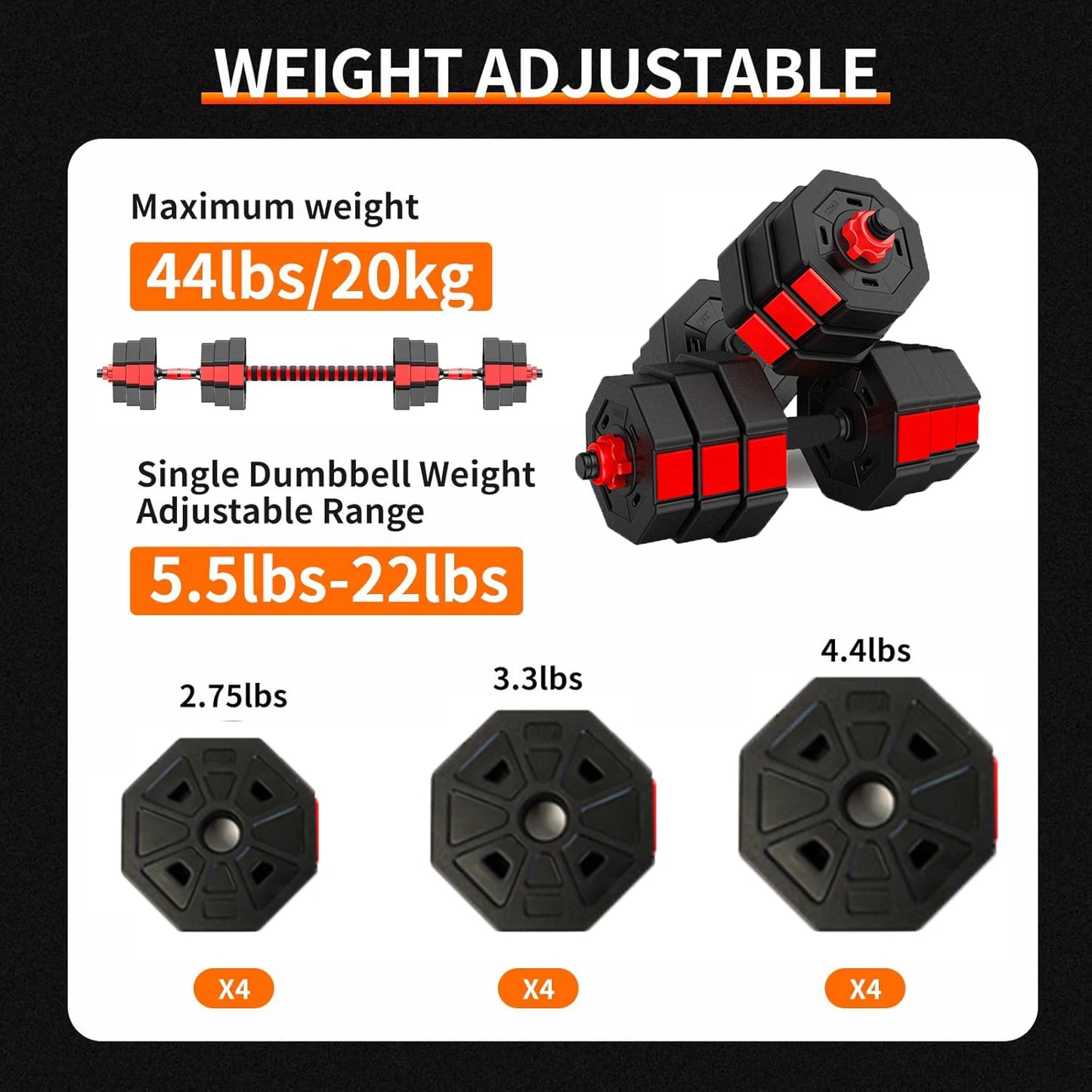 Adjustable Dumbbell to Barbell Fitness Set – 44lbs Anti-Slip Grip, 3-in-1 Weight Set