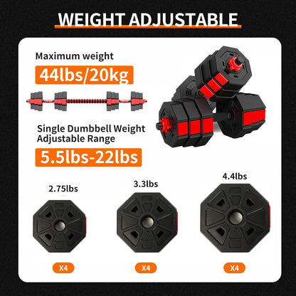 Adjustable Dumbbell to Barbell Fitness Set – 44lbs Anti-Slip Grip, 3-in-1 Weight Set