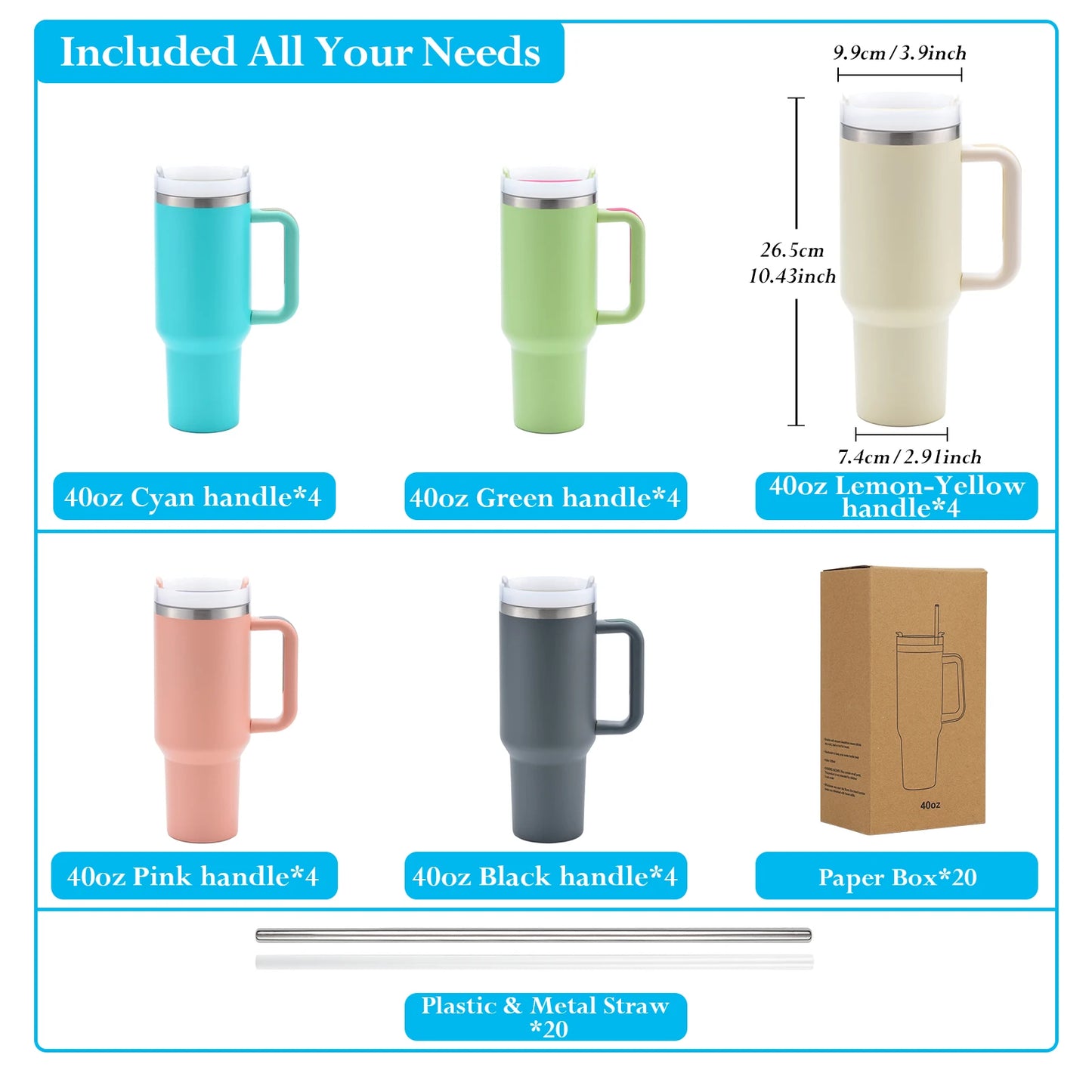 20 Pack, 40 OZ Insulated Tumbler, Detachable Handle, Lid, Straw, Mixed Color, Laser Engraved
