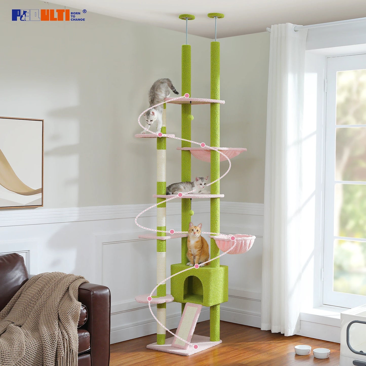 Cactus Cat Tree, Floor/Ceiling Tower, Adjustable Height, Condo Cozy Hammock, Scratching Post