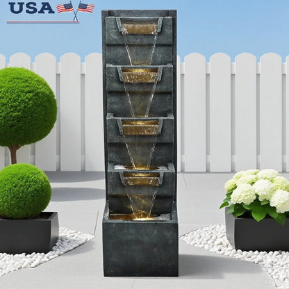 5-Tier Modern Water Fountain, Indoor/Outdoor, Water Sounds, LED Lights, Durable Poly Resin