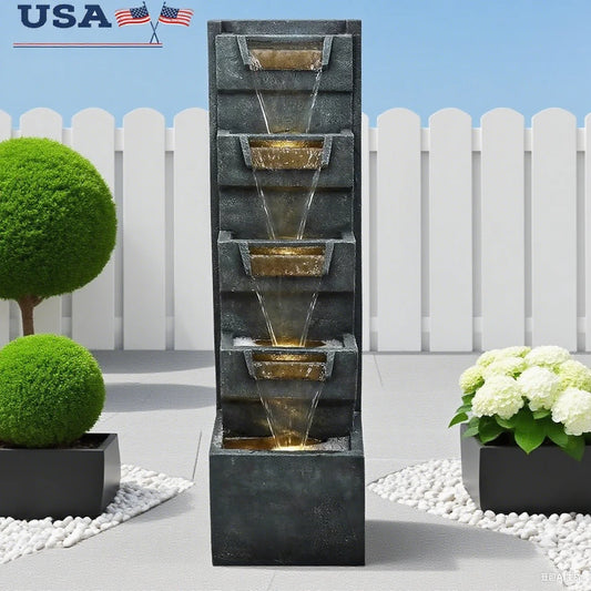 5-Tier Modern Water Fountain, Indoor/Outdoor, Water Sounds, LED Lights, Durable Poly Resin