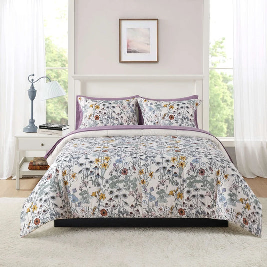 7-Piece Reversible Comforter Set, Floral Print Sheets, Soft Polyester King Bedding Includes Pillowcases, Shams, Storage Bag