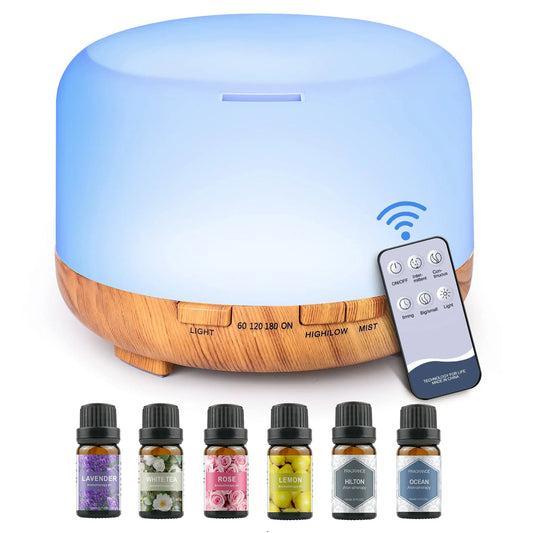 500ML Aromatherapy Oil Diffuser, 6 Bottle 10ML Essential Oil Set (Lavender/Rose/Jasmine/Lemon/Hilton/Ocean)