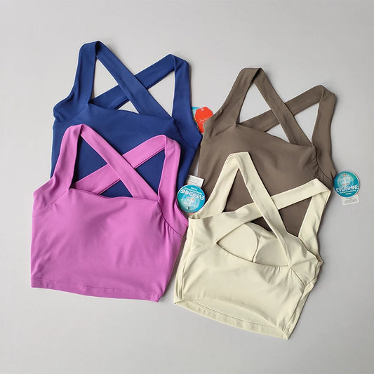 Seamless Cross Back Sports Bra, Wide Shoulder Straps, Shock-absorbing, Yoga Vest Top