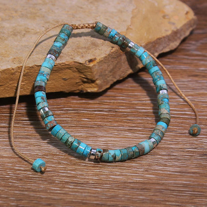 Natural Turquoise Stone Beads, Woven Bracelet, Adjustable Rope