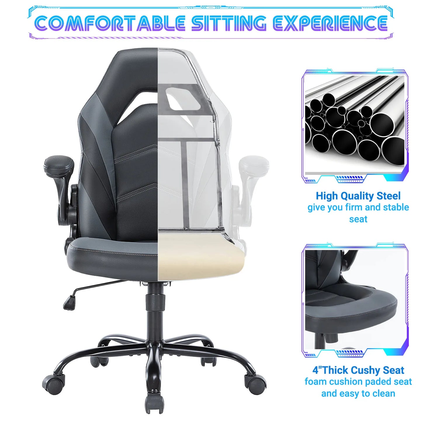 JHK Ergonomic Office Computer Home Gaming Desk Chair, Adjustable, PU Leather, Flip-up Armrest