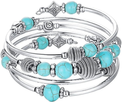 Beaded Chakra Bangle Turquoise Bracelet , Thick Silver Metal and Mala Beads