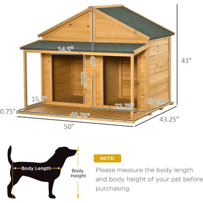 50" Wooden Dog House Outdoor for 2 Medium or Small Dogs, Cabin Style with Porch, 2 Doors, Elevated Floor