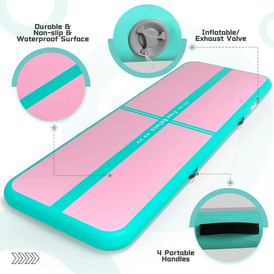Pink Inflatable Tumble Track Gymnastics Mat with Pump for Home Use Perfect for Cheerleading