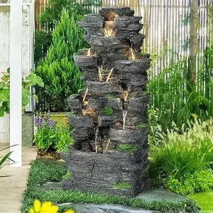 Garden Waterfall Fountain, Outdoor, Floor Standing Resin Water Fountain, LED Lights