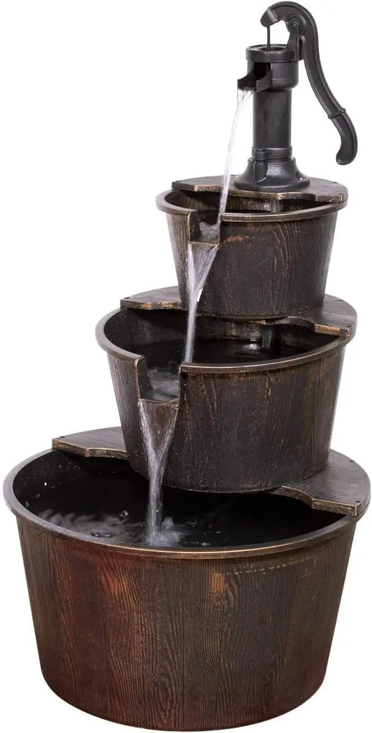 Outdoor Floor Tiered Rustic Pump And Barrel Water Fountain, Old-Fashioned Waterfall, 40", Brown