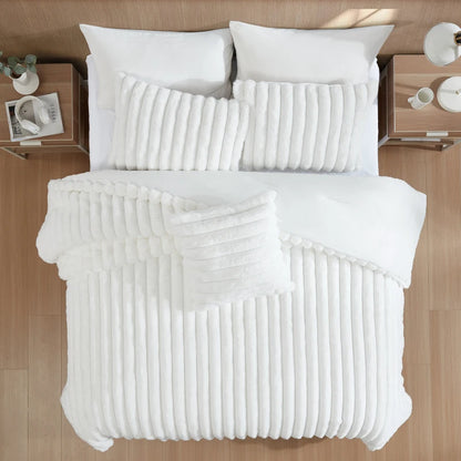 Everett Channel Faux Fur White 4 PC King Comforter Set