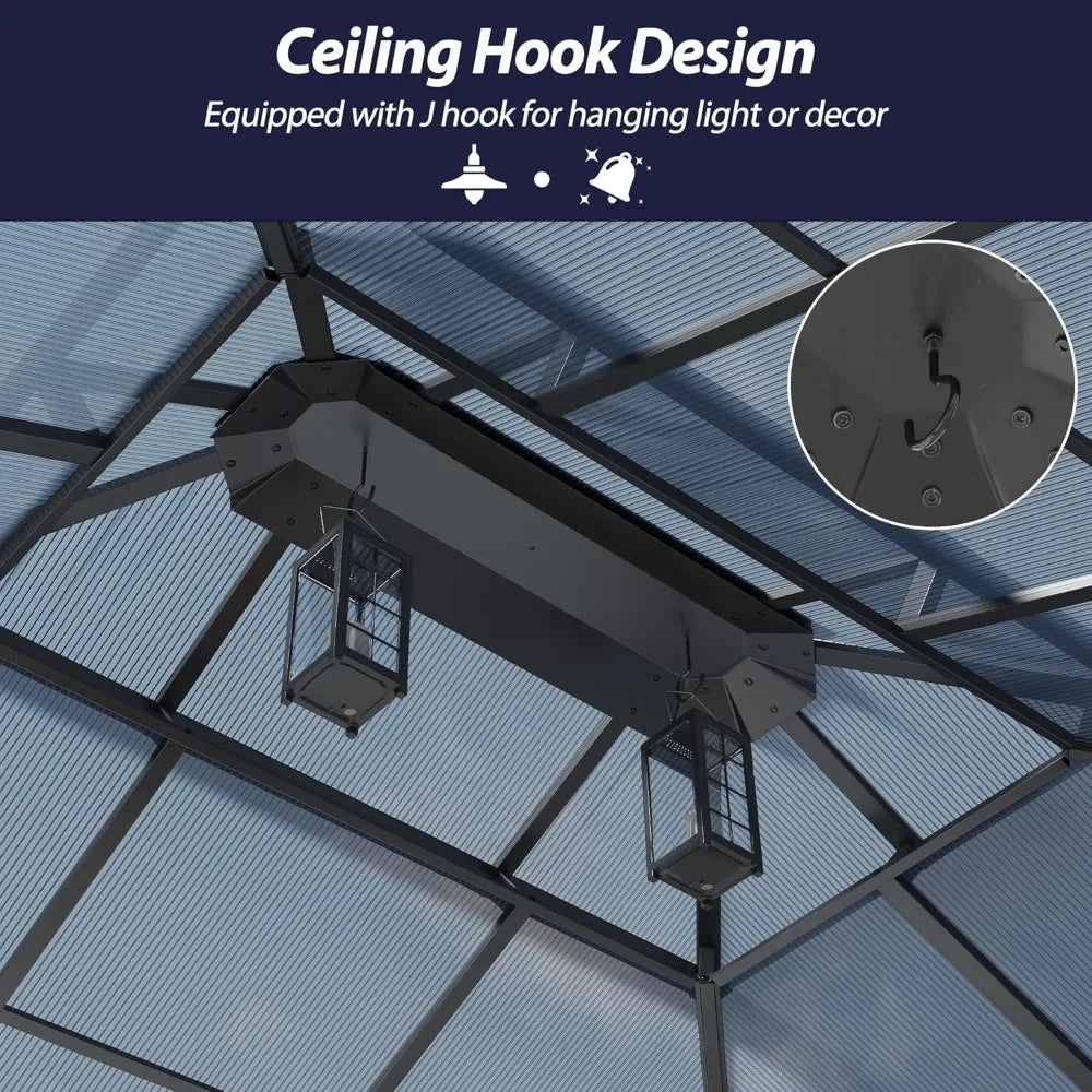 12' x 14' Hardtop Gazebo with Double Polycarbonate Roof, Metal Frame, Netting & Curtains for Outdoor Garden Patio