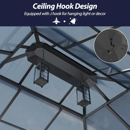 12' x 14' Hardtop Gazebo with Double Polycarbonate Roof, Metal Frame, Netting & Curtains for Outdoor Garden Patio