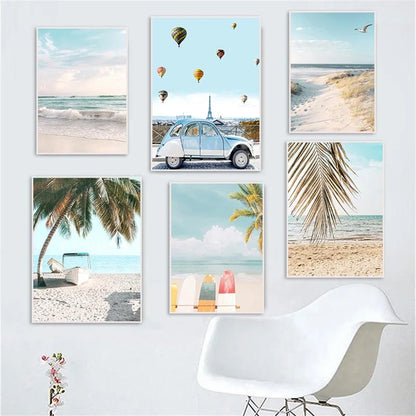 Summer Sea Beach, Coconut Tree, Surfboard Posters And Prints, Seagull Swan Wall Art, Canvas Painting