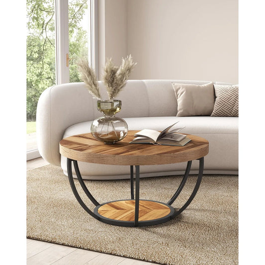 32" Circle Marble Coffee Table, 2-Tier Golden Metal Legs Accent Center Table