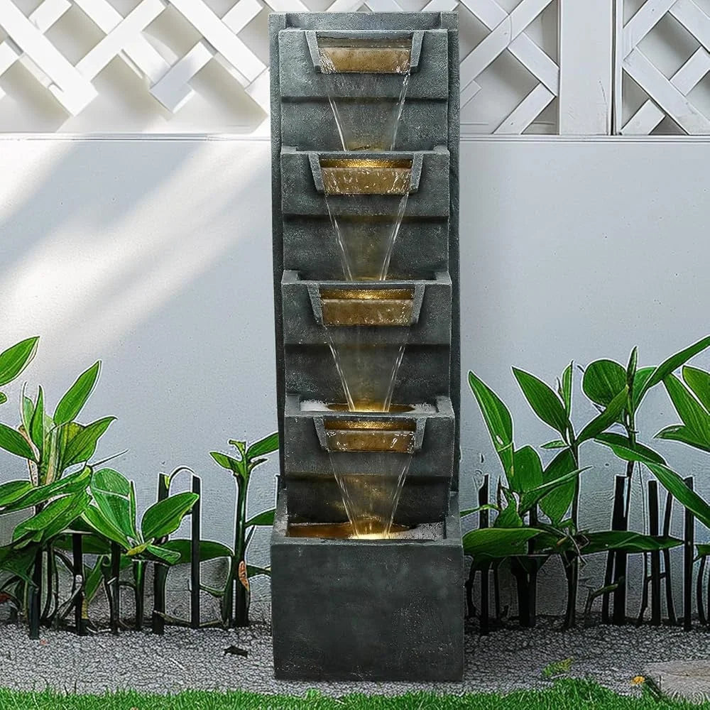 5-Tier Modern Water Fountain, Indoor/Outdoor, Water Sounds, LED Lights, Durable Poly Resin