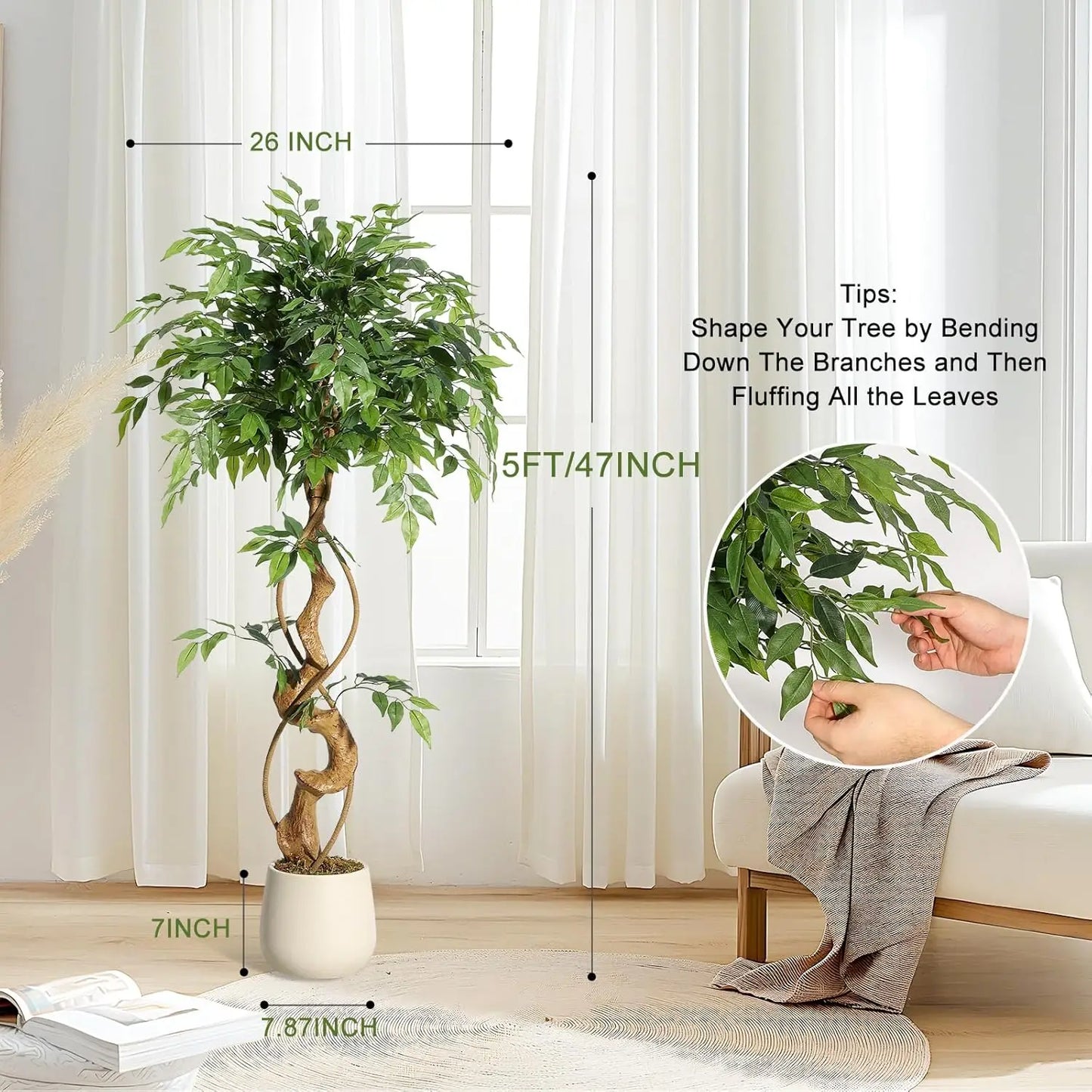 Ficus Tree Artificial, Indoor, White Pot
