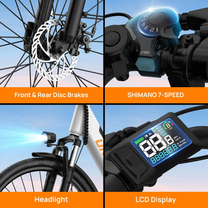 Peak 750W E26 Electric Bike, 26x2" Commuter Tires, 48V 10.4Ah Removable Battery, 20MPH Speed, 7-Speeds, LCD Display