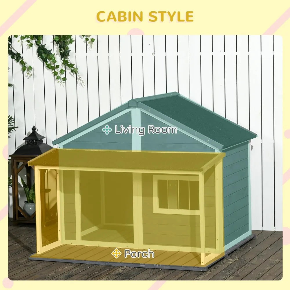 Outdoor Dog House Cabin Style, Wooden Raised Pet Kennel with Asphalt Roof, Front Door, Side Window, Porch for Medium and Large Dogs