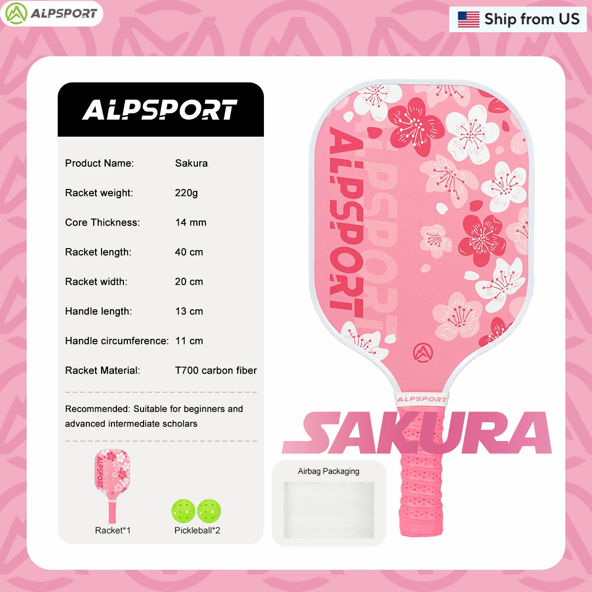 ALPSPORT Sakura USAPA Pickleball Paddle Women's T700 With 2 Free Balls Carbon Fiber Beginner-Friendly