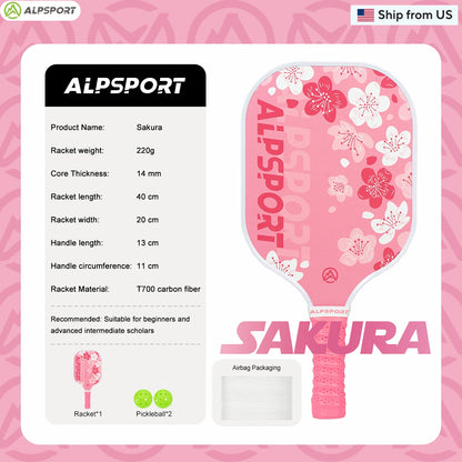 ALPSPORT Sakura USAPA Pickleball Paddle Women's T700 With 2 Free Balls Carbon Fiber Beginner-Friendly
